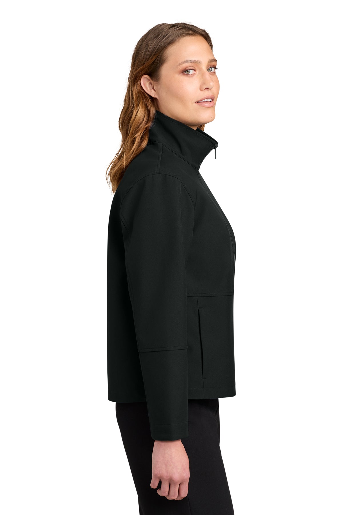 Mercer+Mettle Women’s Comfort Soft Shell Jacket in Deep Black, side on model
