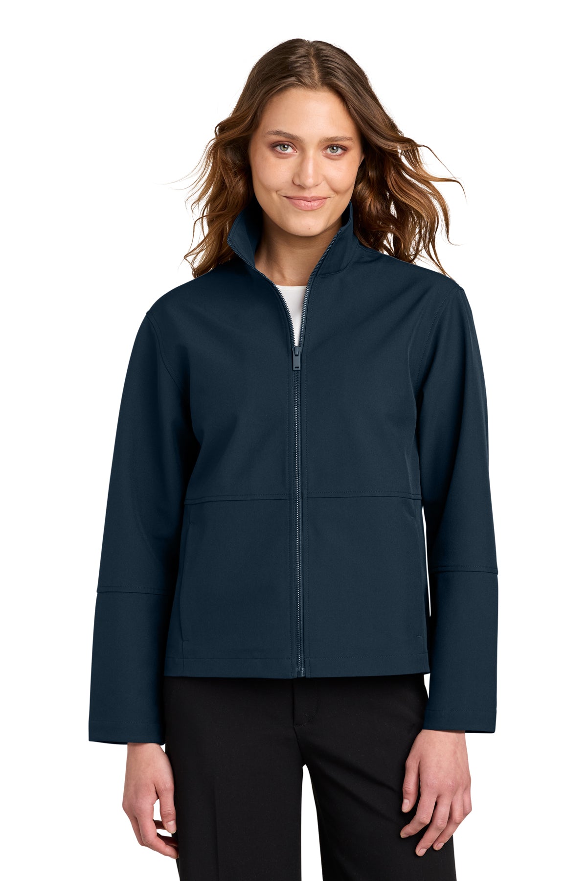 Mercer+Mettle Women’s Comfort Soft Shell Jacket in Night Navy, front on model