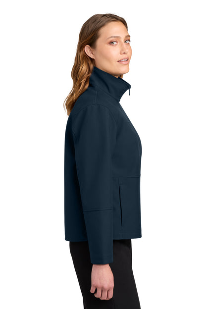 Mercer+Mettle Women’s Comfort Soft Shell Jacket in Night Navy, side on model