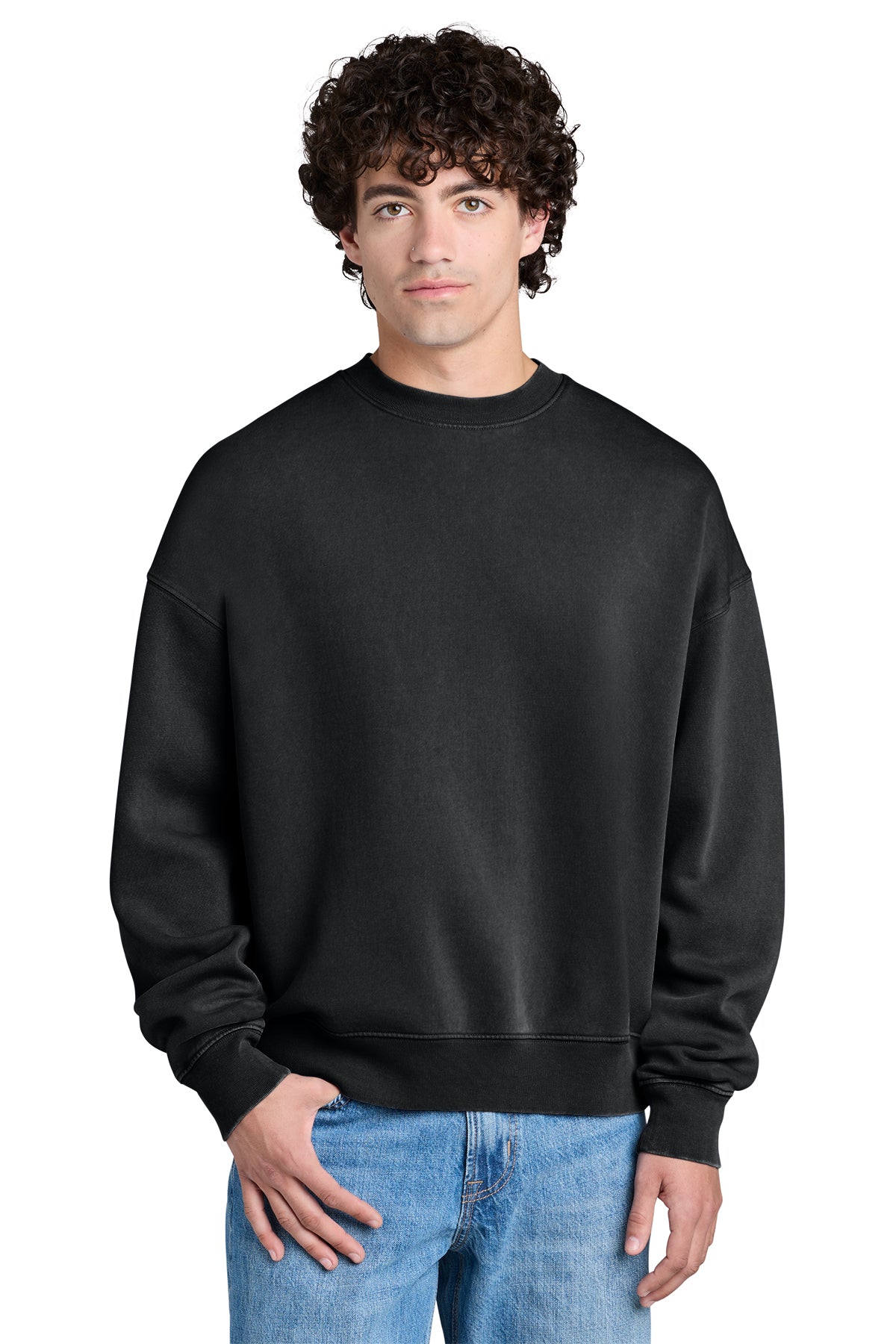 Stanley/Stella Unisex Easer Vintage Crewneck Sweatshirt in G. Dyed Black Rock, front on model
