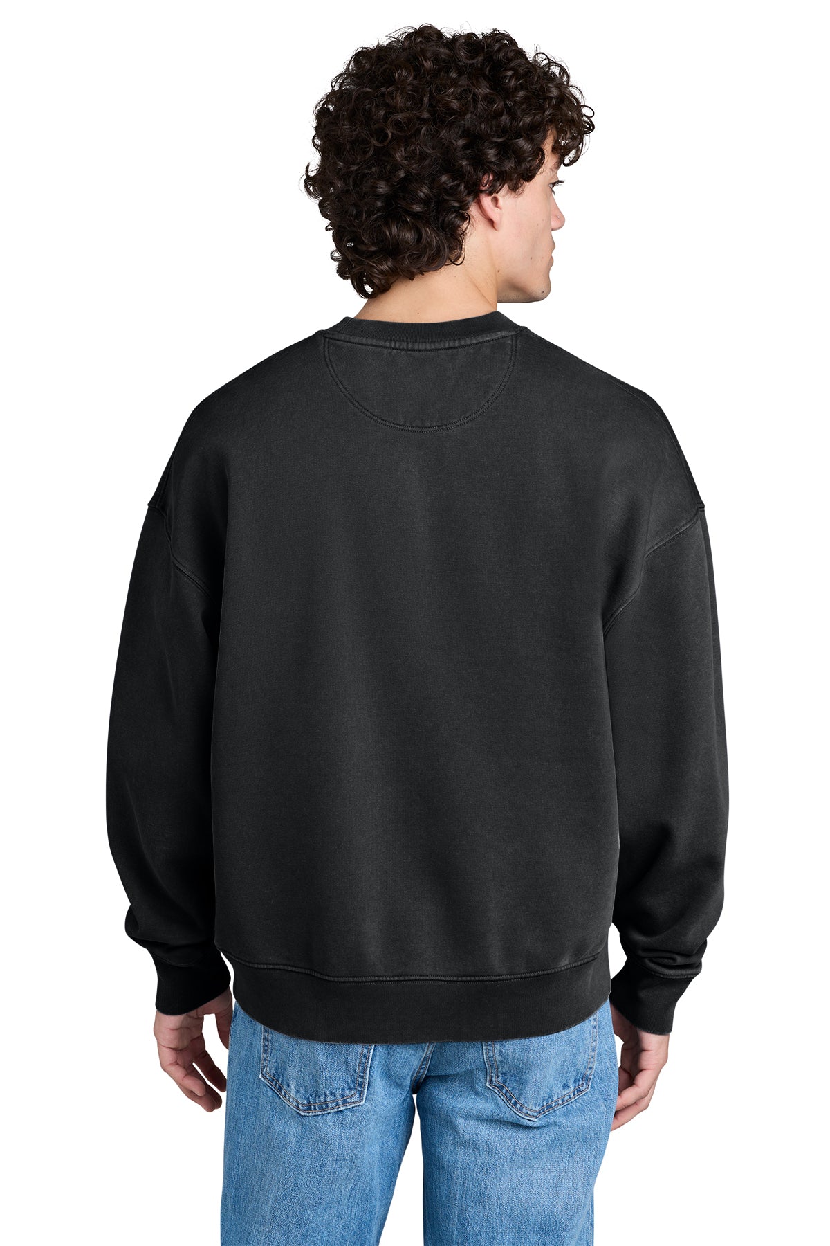 Stanley/Stella Unisex Easer Vintage Crewneck Sweatshirt in G. Dyed Black Rock, back on model