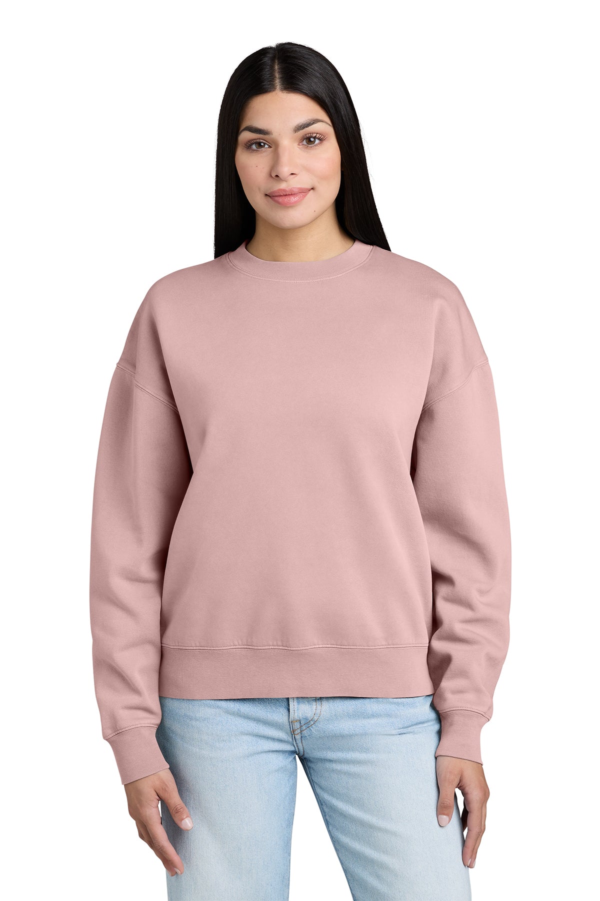 Stanley/Stella Unisex Easer Vintage Crewneck Sweatshirt in G. Dyed Blush, front on model