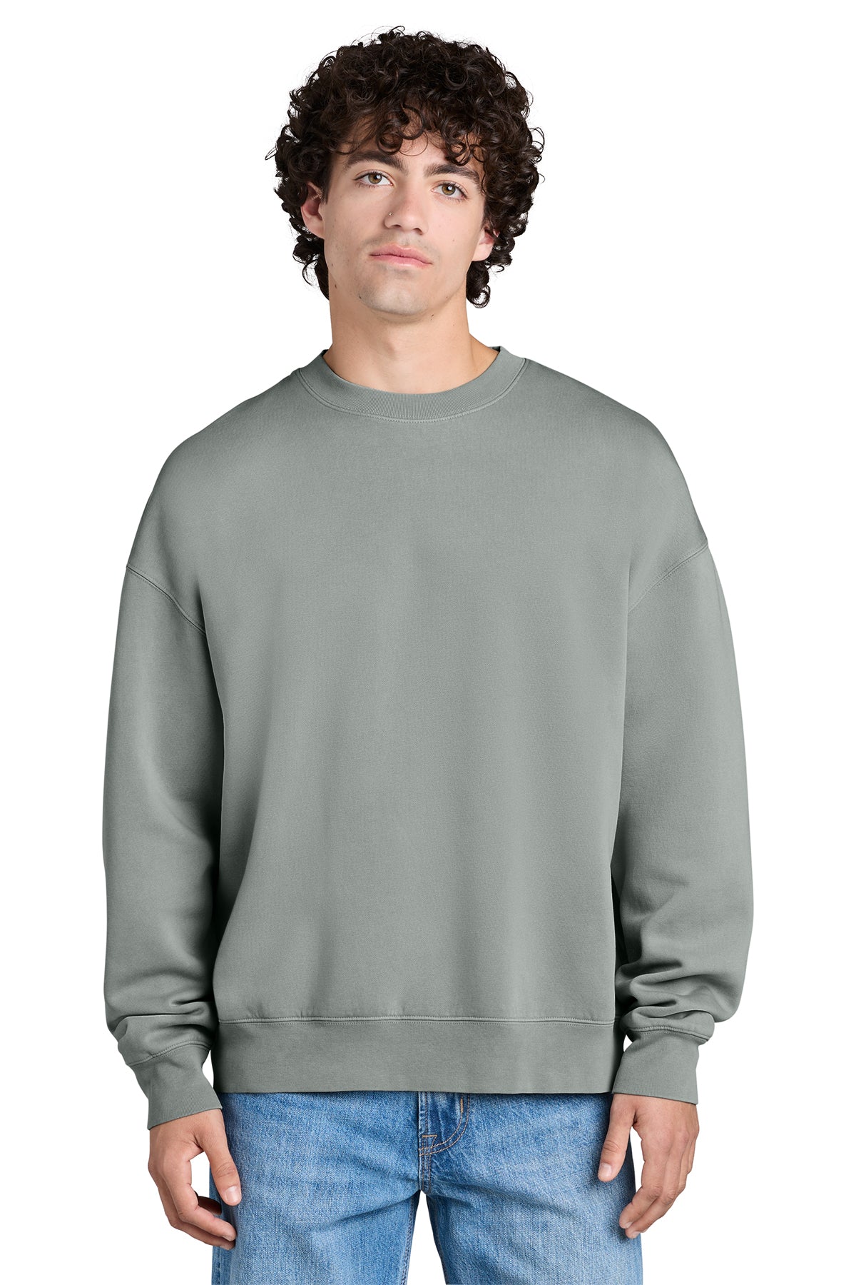 Stanley/Stella Unisex Easer Vintage Crewneck Sweatshirt in G. Dyed Misty Grey, front on model