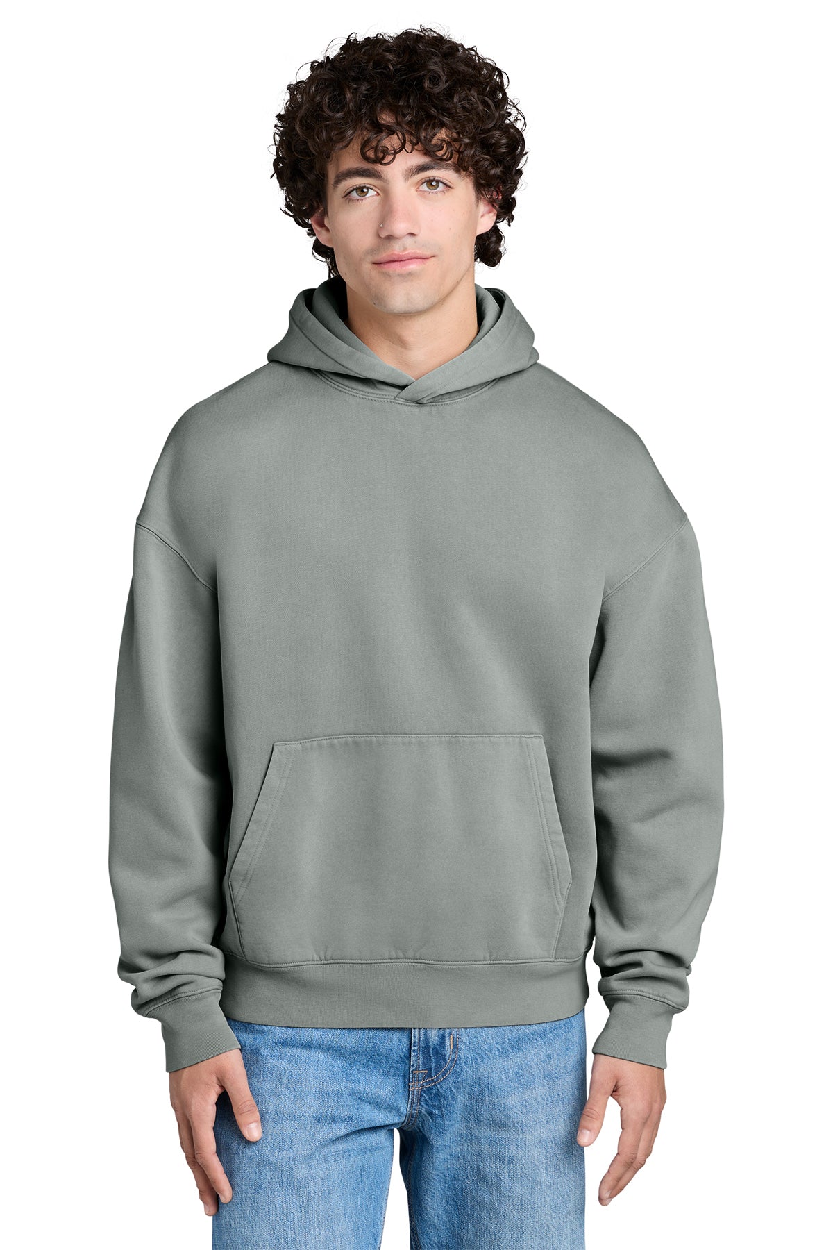 Stanley/Stella Unisex Chaser Vintage Hooded Sweatshirt in G. Dyed Misty Grey, front on model