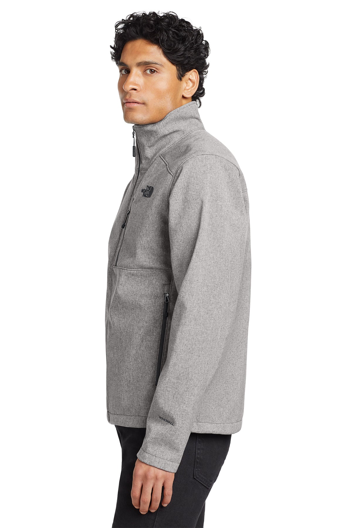 The North Face Apex Barrier Soft Shell Jacket in TNF Medium Grey Heather, side on model