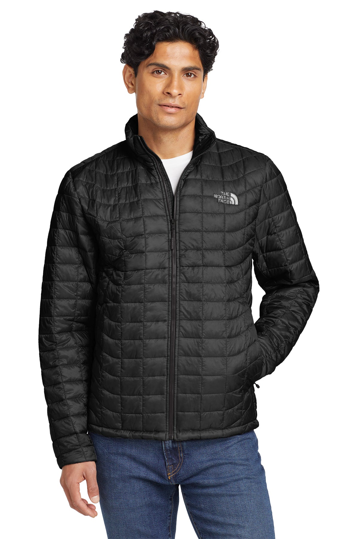 The North Face ThermoBall Trekker Jacket in TNF Matte Black, front on model