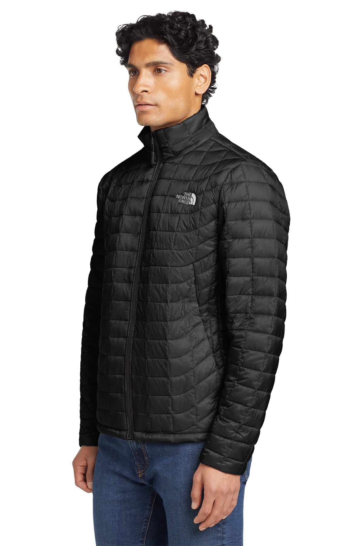 The North Face ThermoBall Trekker Jacket in TNF Matte Black, side on model