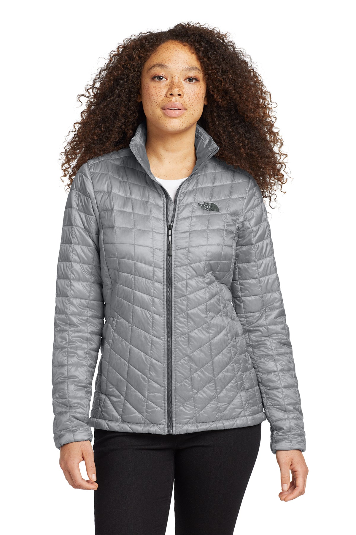 The North Face Women's ThermoBall Trekker Jacket in Mid Grey, front on model
