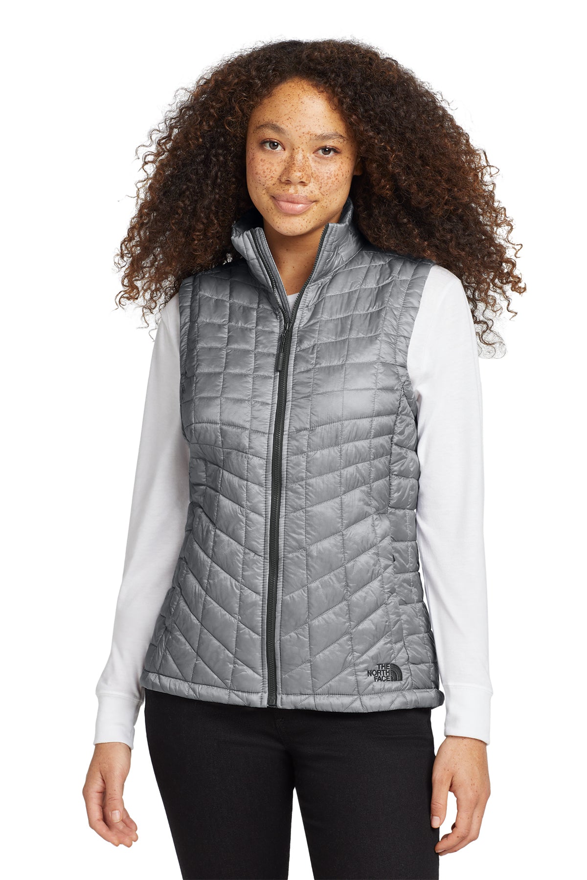The North Face Women's ThermoBall Trekker Vest in Mid Grey, front on model