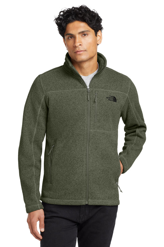 The North Face Sweater Fleece Jacket in New Taupe Green Heather, front on model