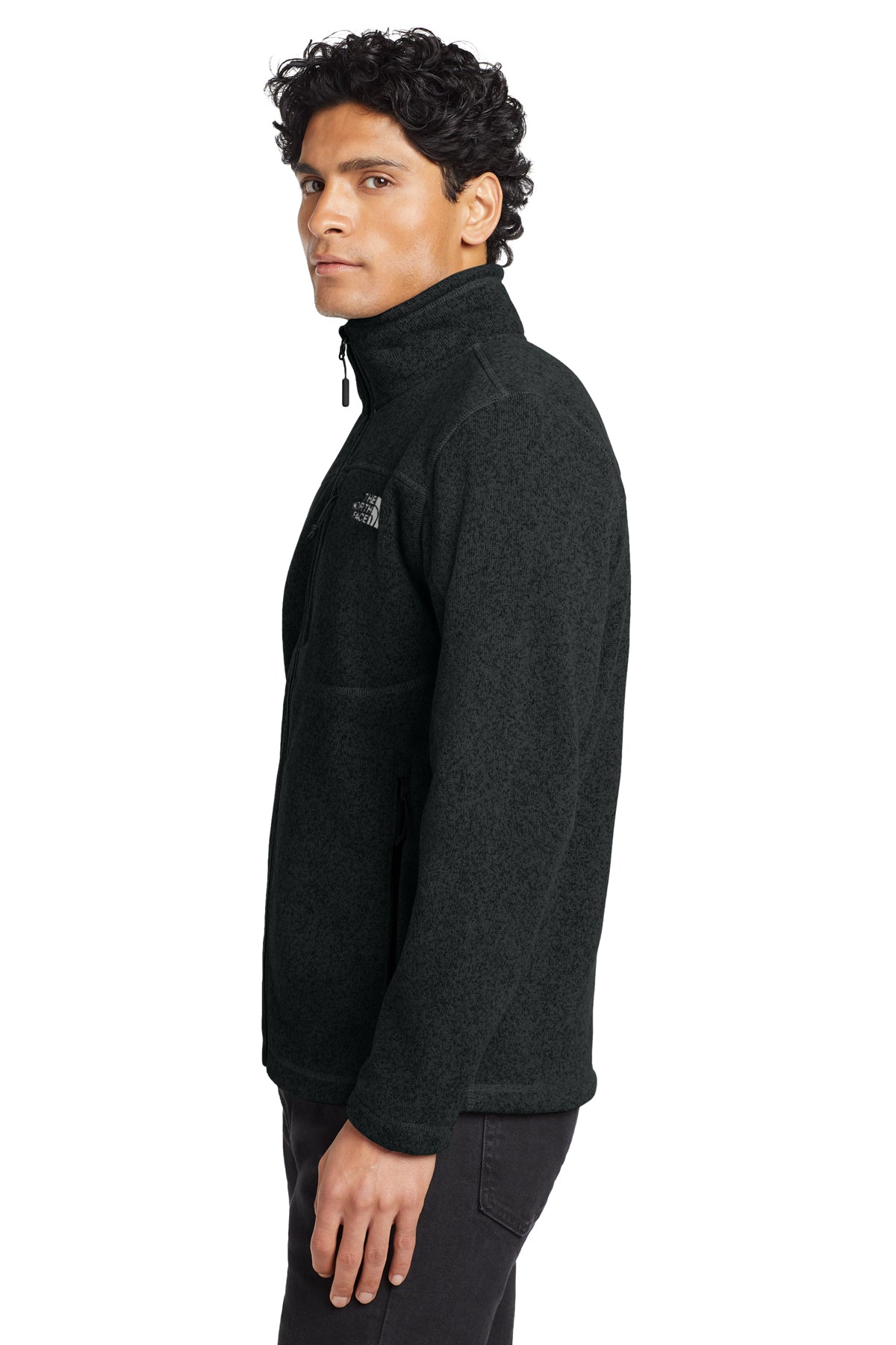 The North Face Sweater Fleece Jacket in TNF Black Heather, side on model