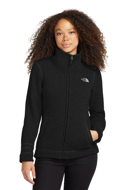 The North Face Women's Sweater Fleece Jacket in TNF Black Heather, front on model
