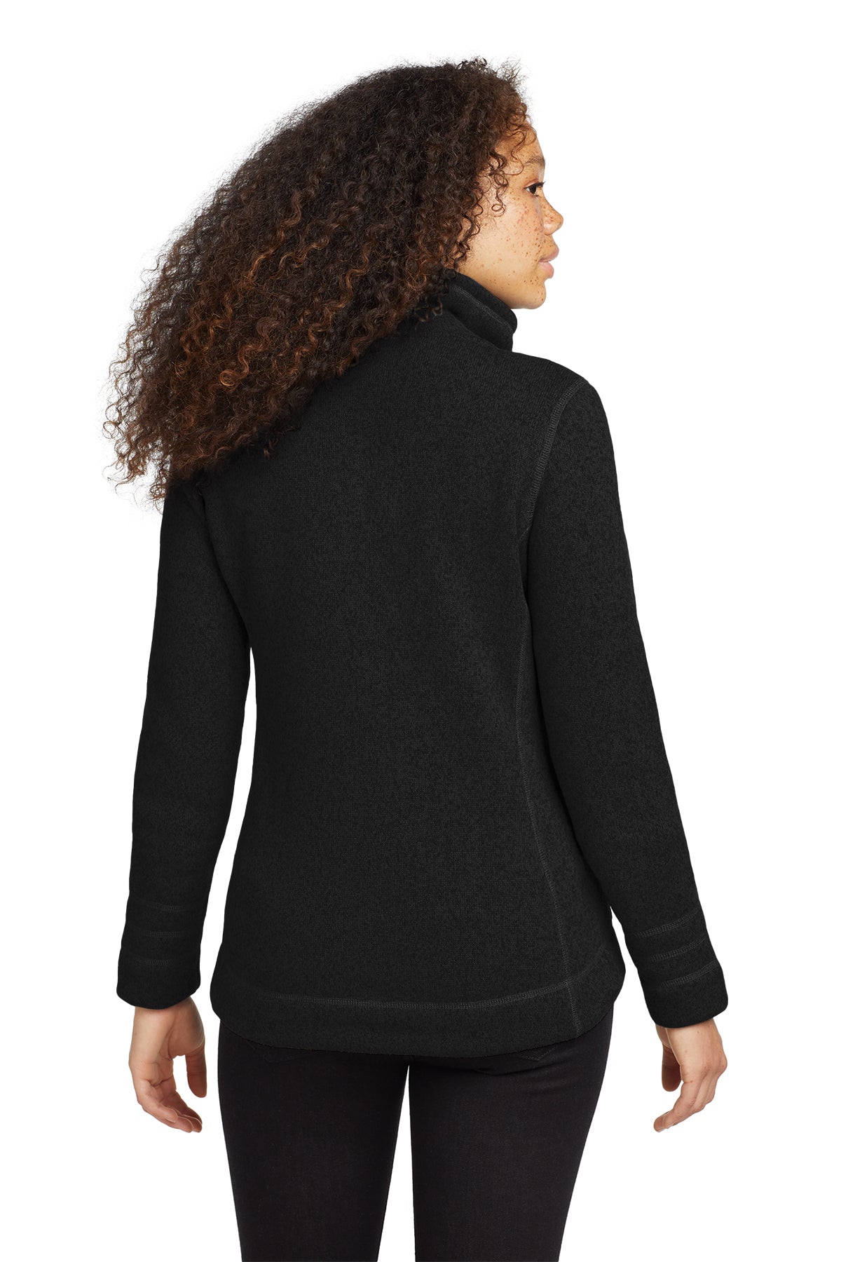 The North Face Women's Sweater Fleece Jacket in TNF Black Heather, back on model
