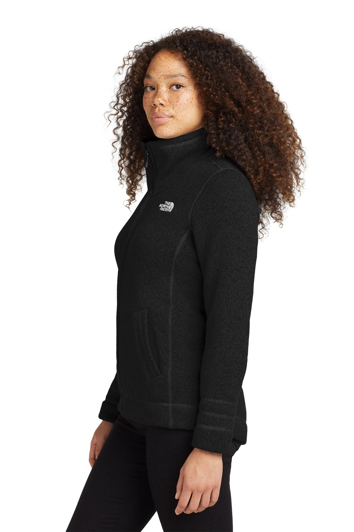 The North Face Women's Sweater Fleece Jacket in TNF Black Heather, side on model