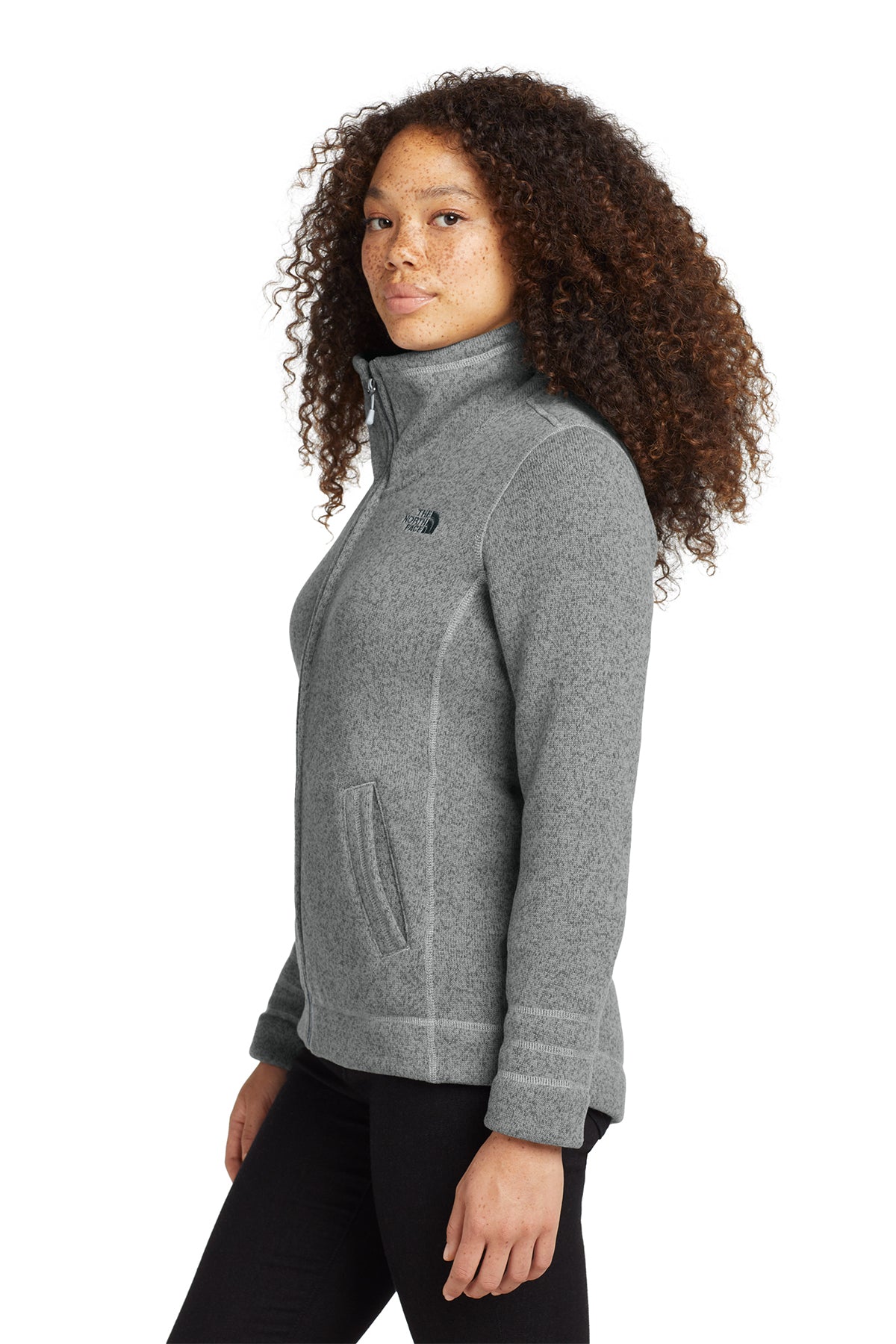 The North Face Women's Sweater Fleece Jacket in TNF Medium Grey Heather, side on model