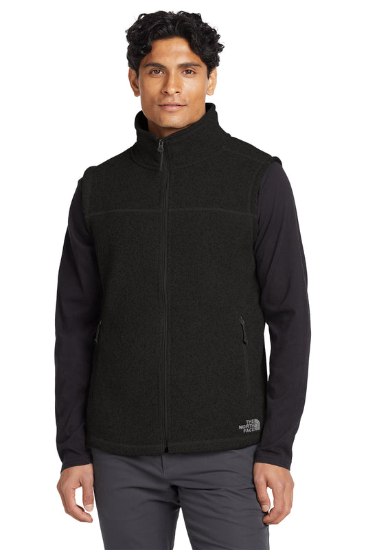 The North Face Sweater Fleece Vest in TNF Black Heather, front on model