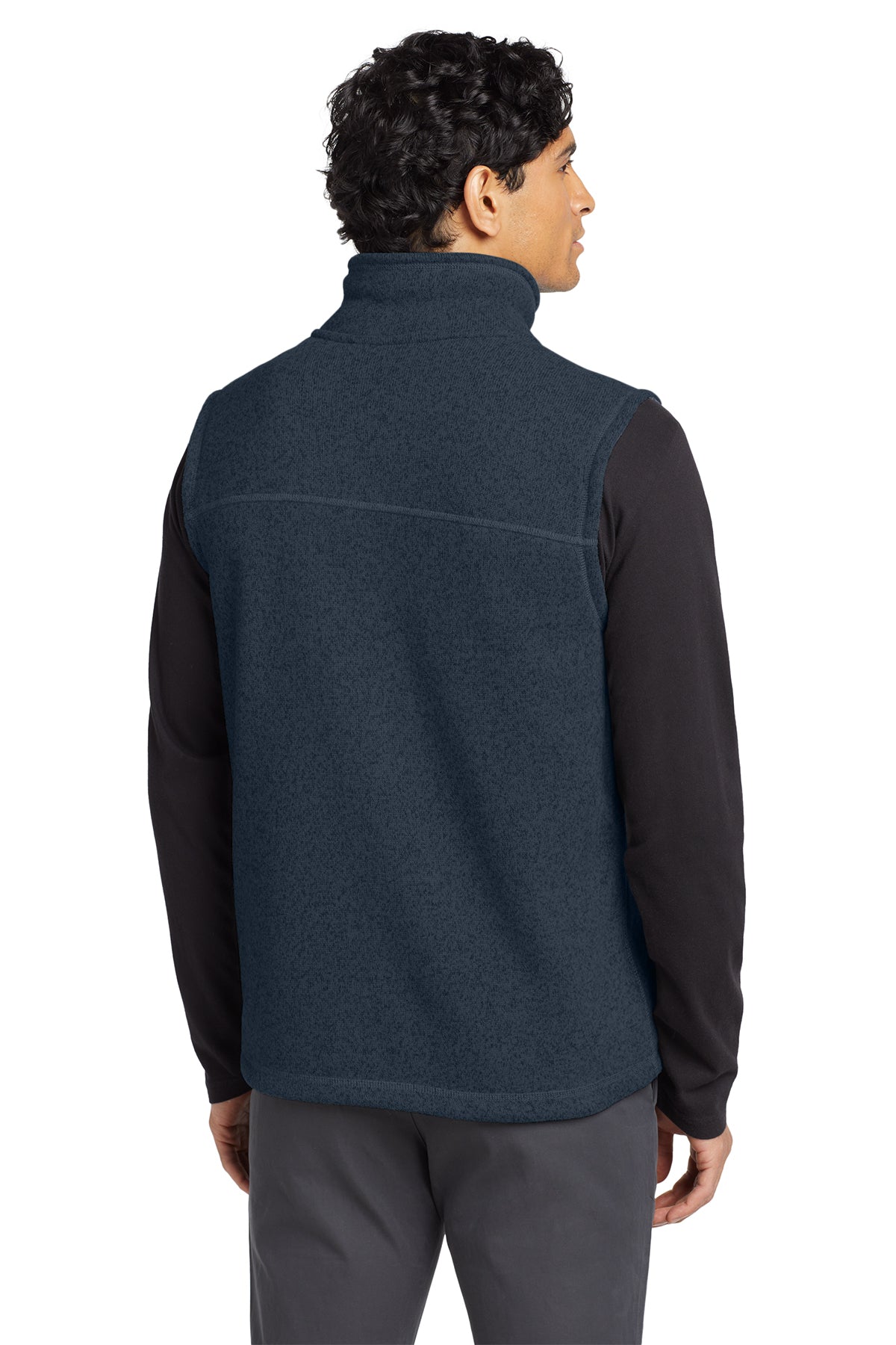 The North Face Sweater Fleece Vest in Urban Navy Heather, back on model