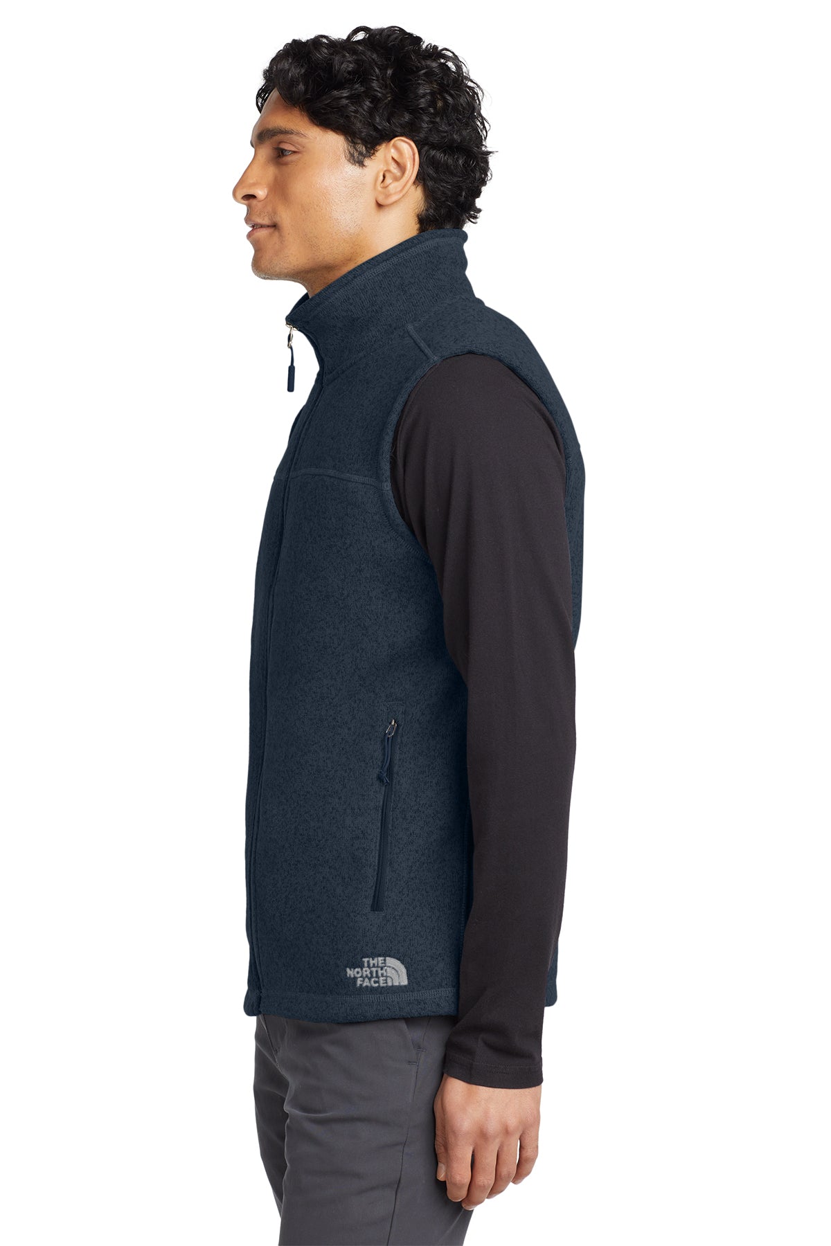The North Face Sweater Fleece Vest in Urban Navy Heather, side on model