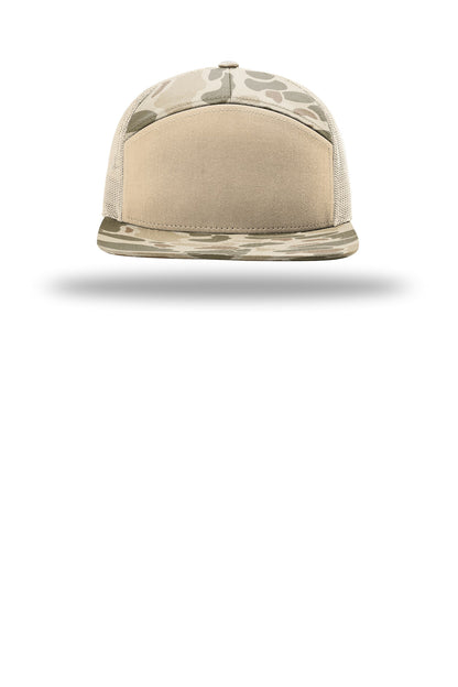 Richardson Printed 7-Panel Trucker - Harvest Duck Camo/ Sandstone - flat front