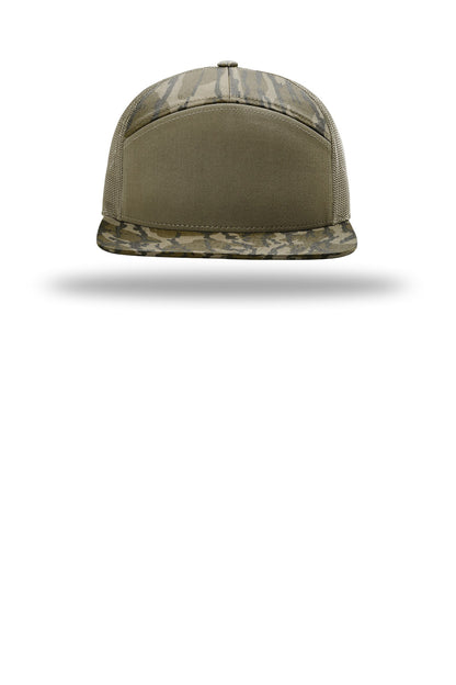 Richardson Printed 7-Panel Trucker - Mossy Oak Bottomland/ Loden - flat front