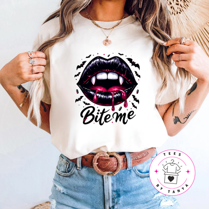 Halloween "Bite Me" Vampire Lips Graphic T-Shirt