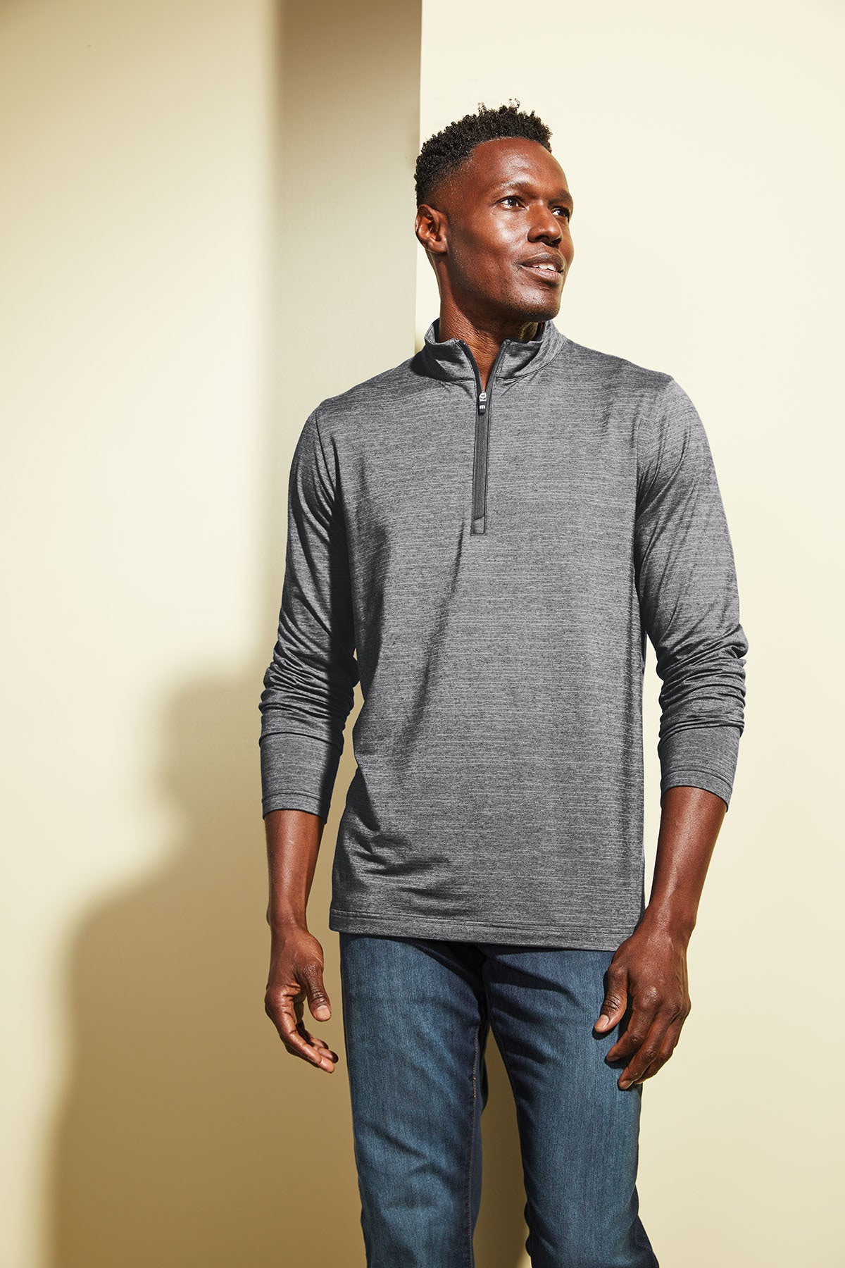 TravisMathew Crestview 1/4-Zip in Vintage Indigo Heather, view on model