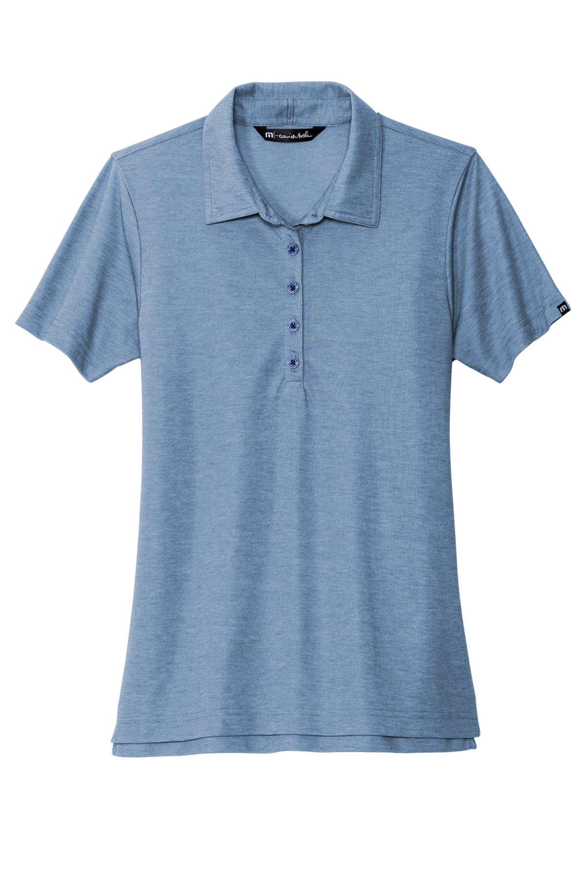 TravisMathew Women's Oceanside Heather Polo in Classic Blue Heather, front flat