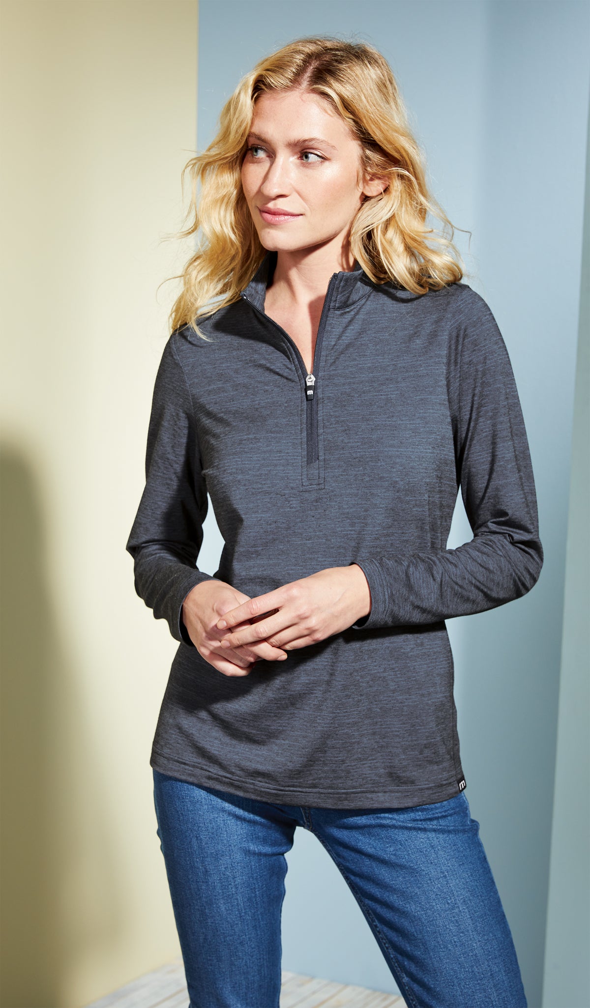TravisMathew Women's Crestview 1/4-Zip in Vintage Indigo Heather, view on model