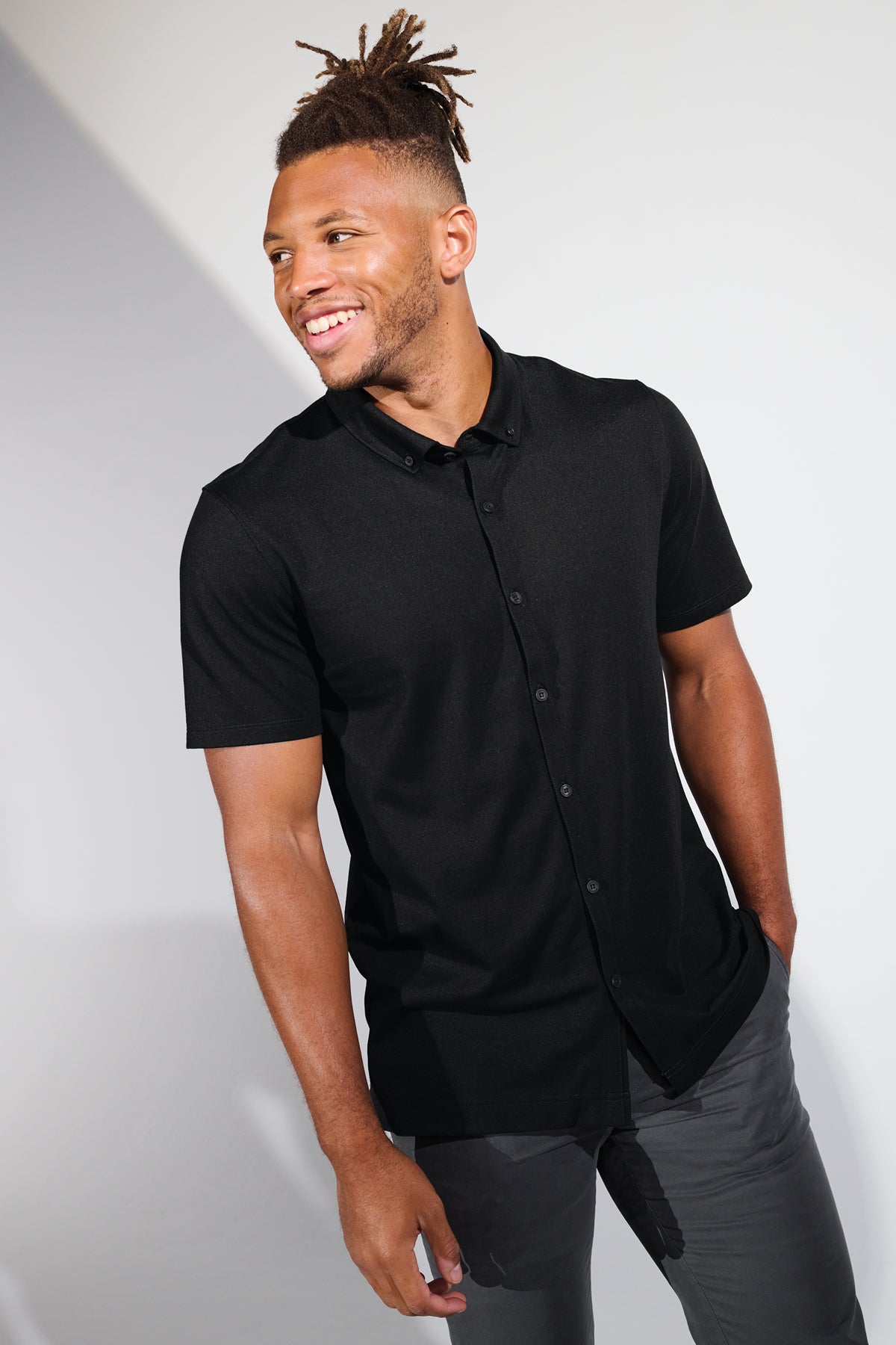 Mercer+Mettle Stretch Pique Full-Button Polo in White, view on model