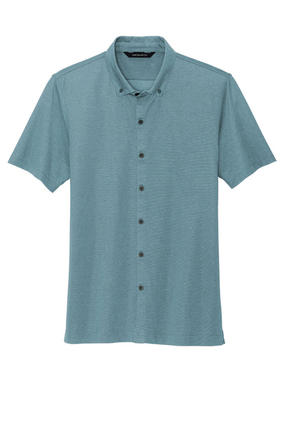 Mercer+Mettle Stretch Pique Full-Button Polo in Parisian Blue Heather, front flat