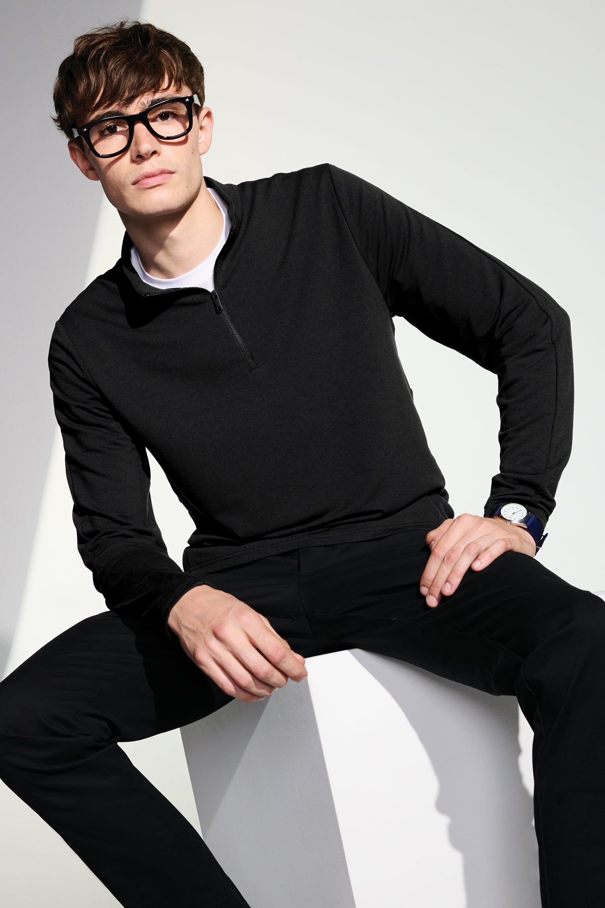 Mercer+Mettle Stretch 1/4-Zip Pullover in Night Navy, view on model