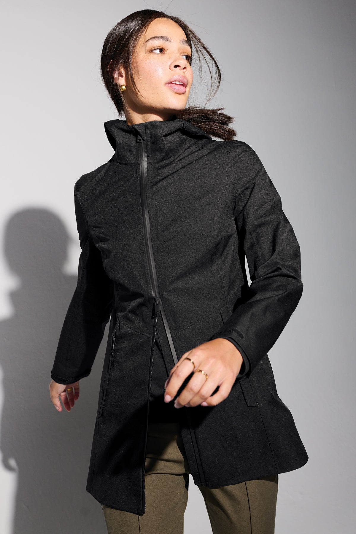 Mercer+Mettle Women’s Waterproof Rain Shell in Deep Black, view on model