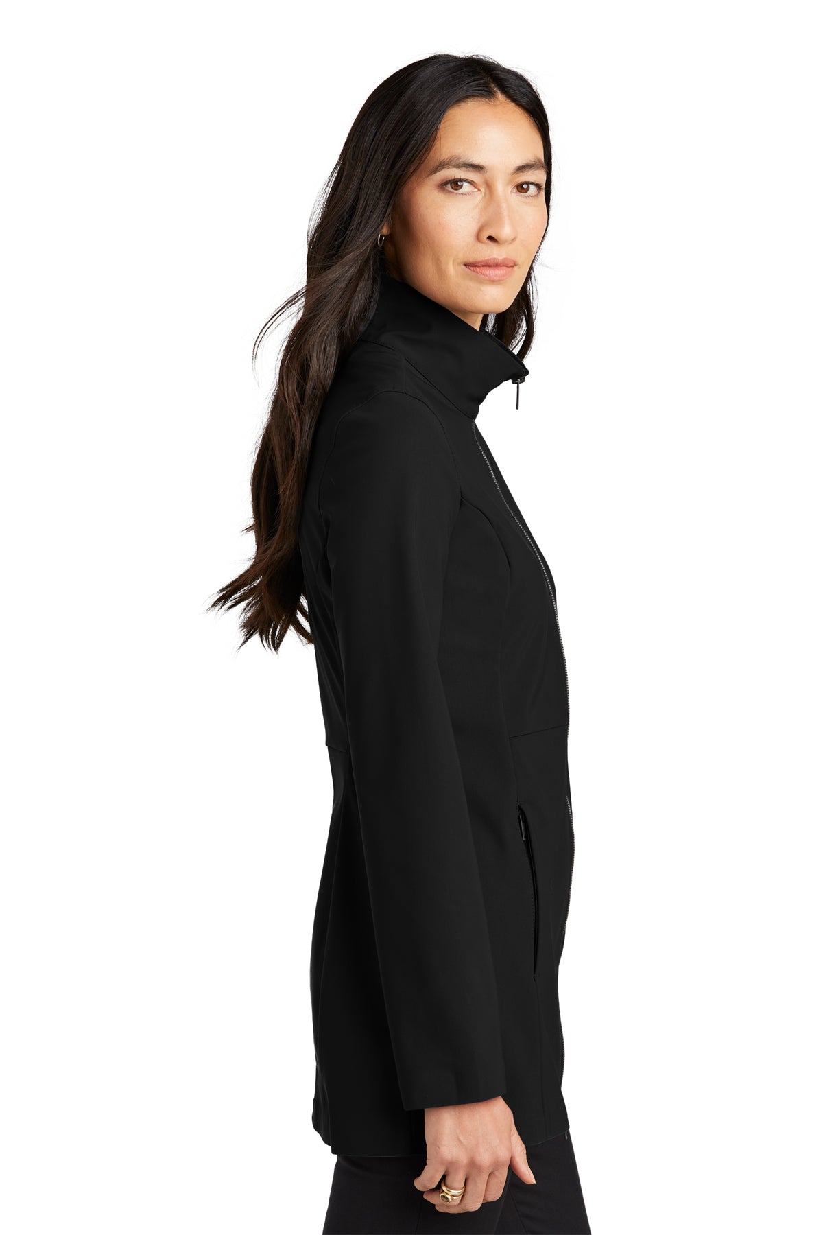Mercer+Mettle Women’s Faille Soft Shell in Deep Black, side on model
