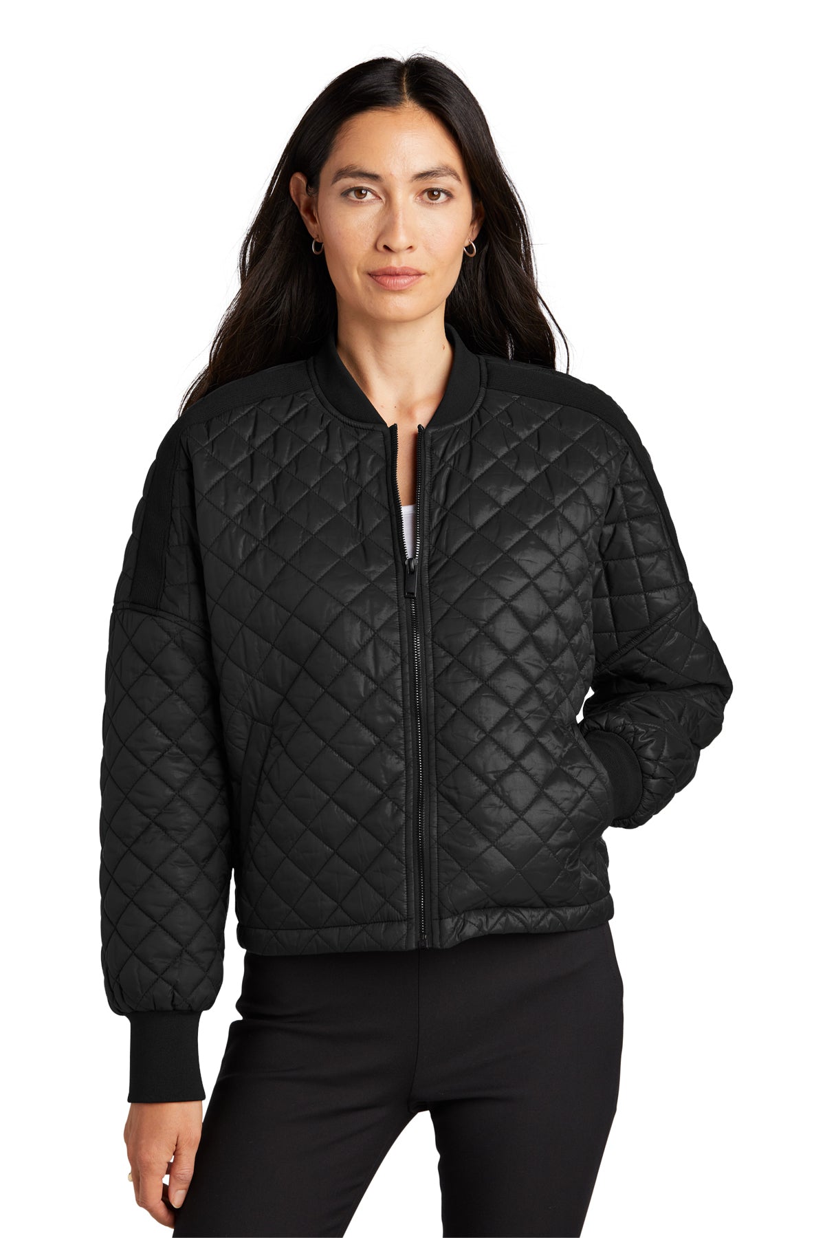 Mercer+Mettle Women’s Boxy Quilted Jacket in Deep Black, front on model