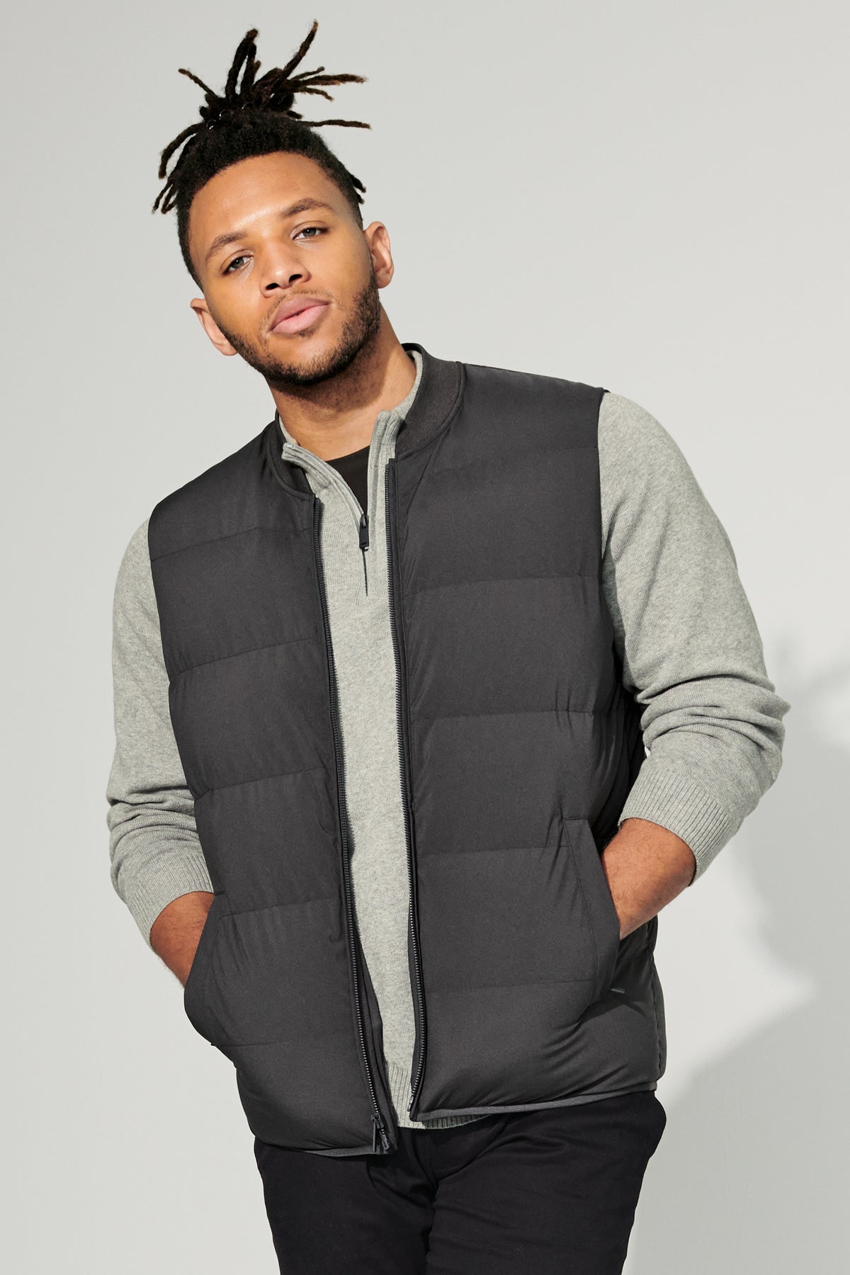 Mercer+Mettle Puffy Vest in Night Navy, view on model