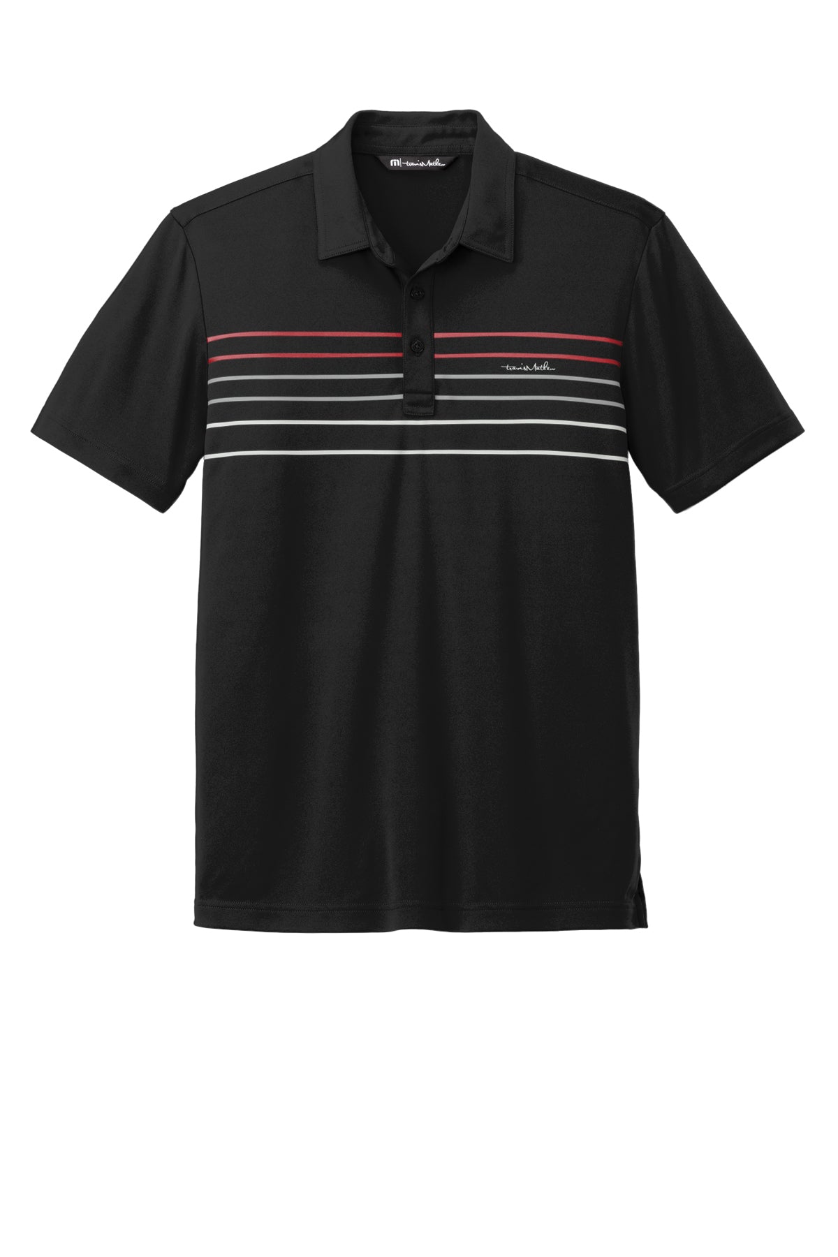 TravisMathew Coto Performance Chest Stripe Polo in Black, front flat