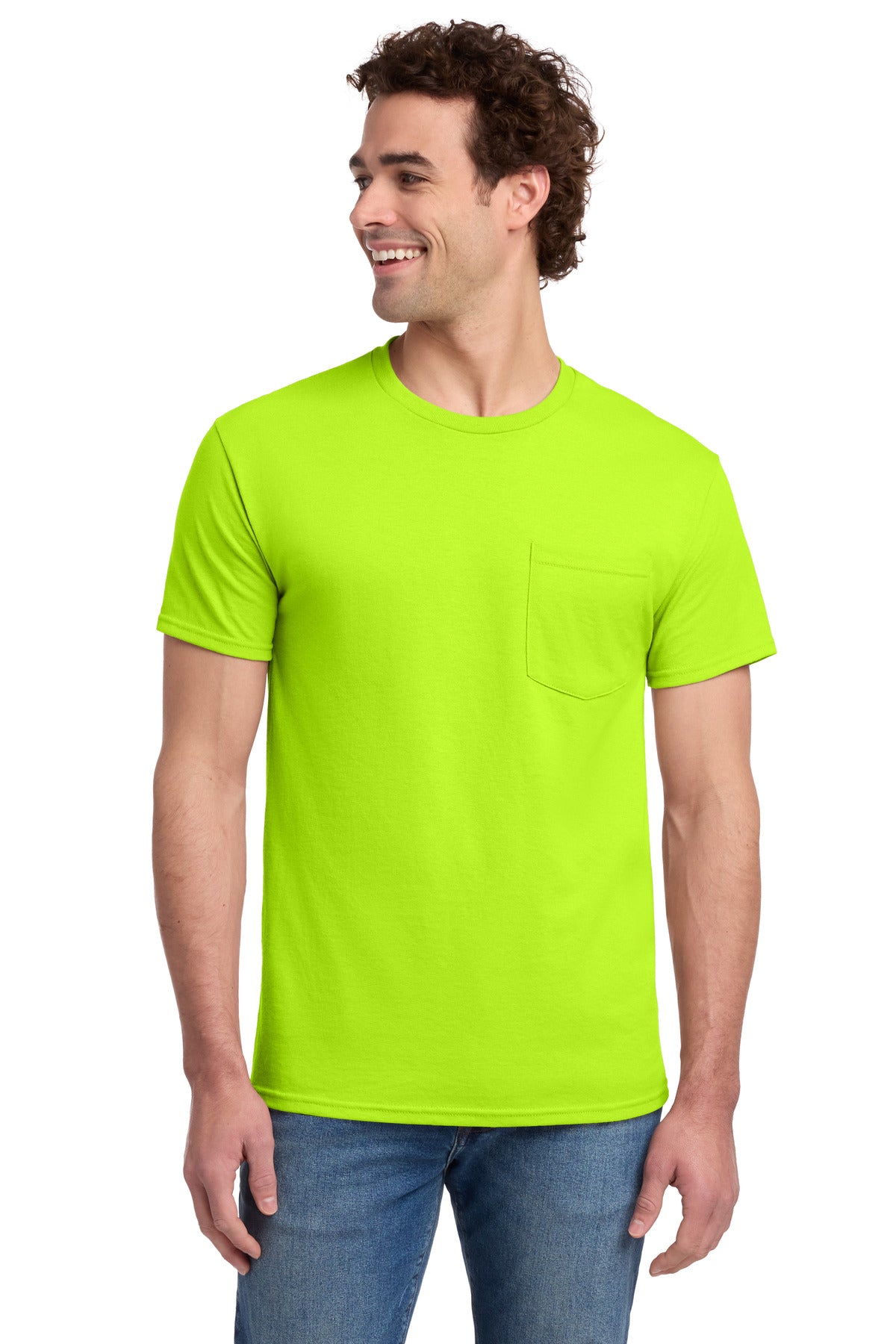 Jerzees Dri-Power 50/50 Cotton/Poly Pocket T-Shirt - Safety Green - front