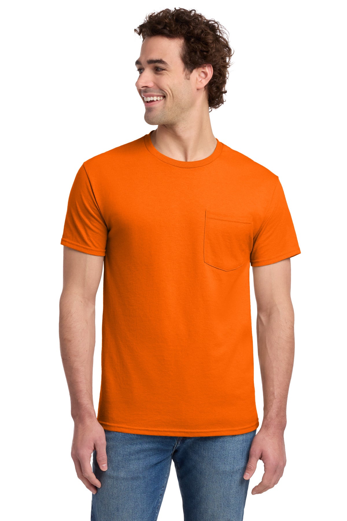 Jerzees Dri-Power 50/50 Cotton/Poly Pocket T-Shirt - Safety Orange - front