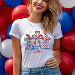 God Bless America Est. 1776 Shirt with Patriotic Crosses | Christian 4th of July Tee