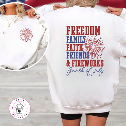 Freedom Family Faith Friends & Fireworks Shirt | Patriotic July 4th Graphic Tee