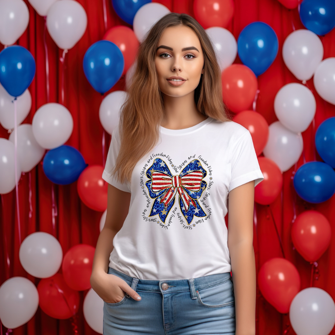 Stars Stripes and Freedom Vibes Shirt | Patriotic Ribbon Graphic Tee