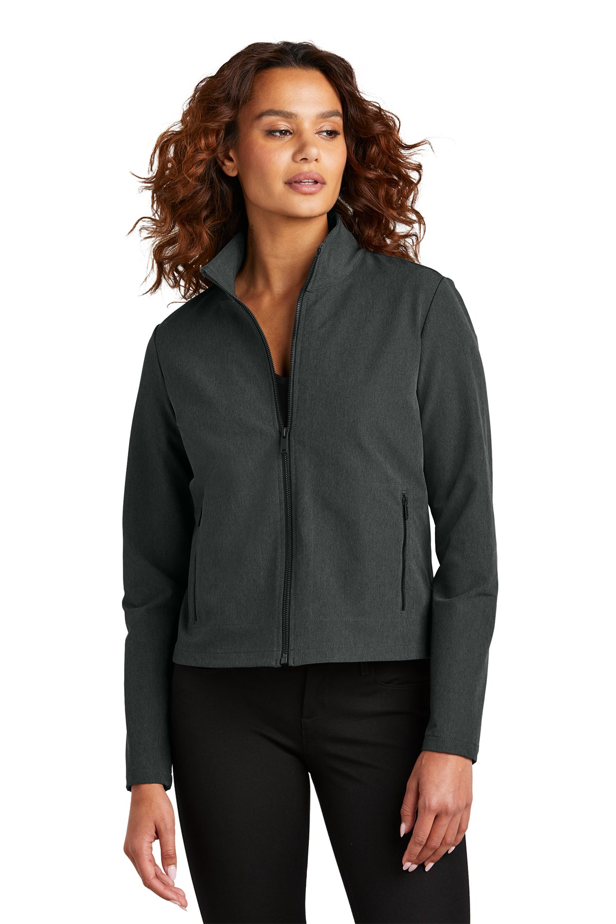 Mercer+Mettle Women’s Stretch Soft Shell Jacket in Anchor Grey Heather, front on model