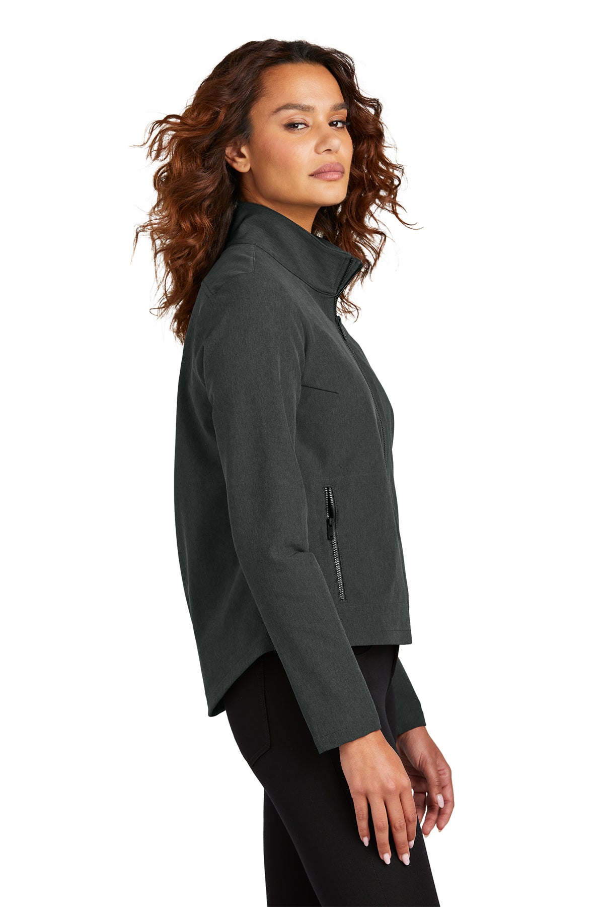 Mercer+Mettle Women’s Stretch Soft Shell Jacket in Anchor Grey Heather, side on model