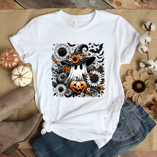 Spooky Ghost Pumpkin Floral Halloween T-Shirt
