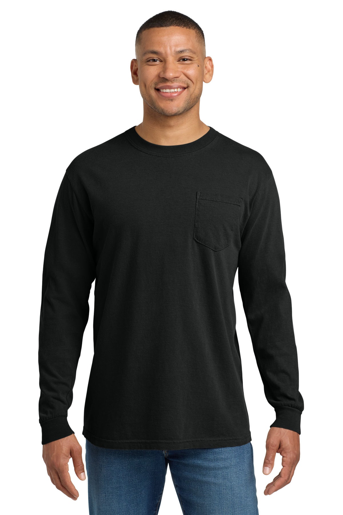 COMFORT COLORS Heavyweight Ring Spun Long Sleeve Pocket Tee - Black - front