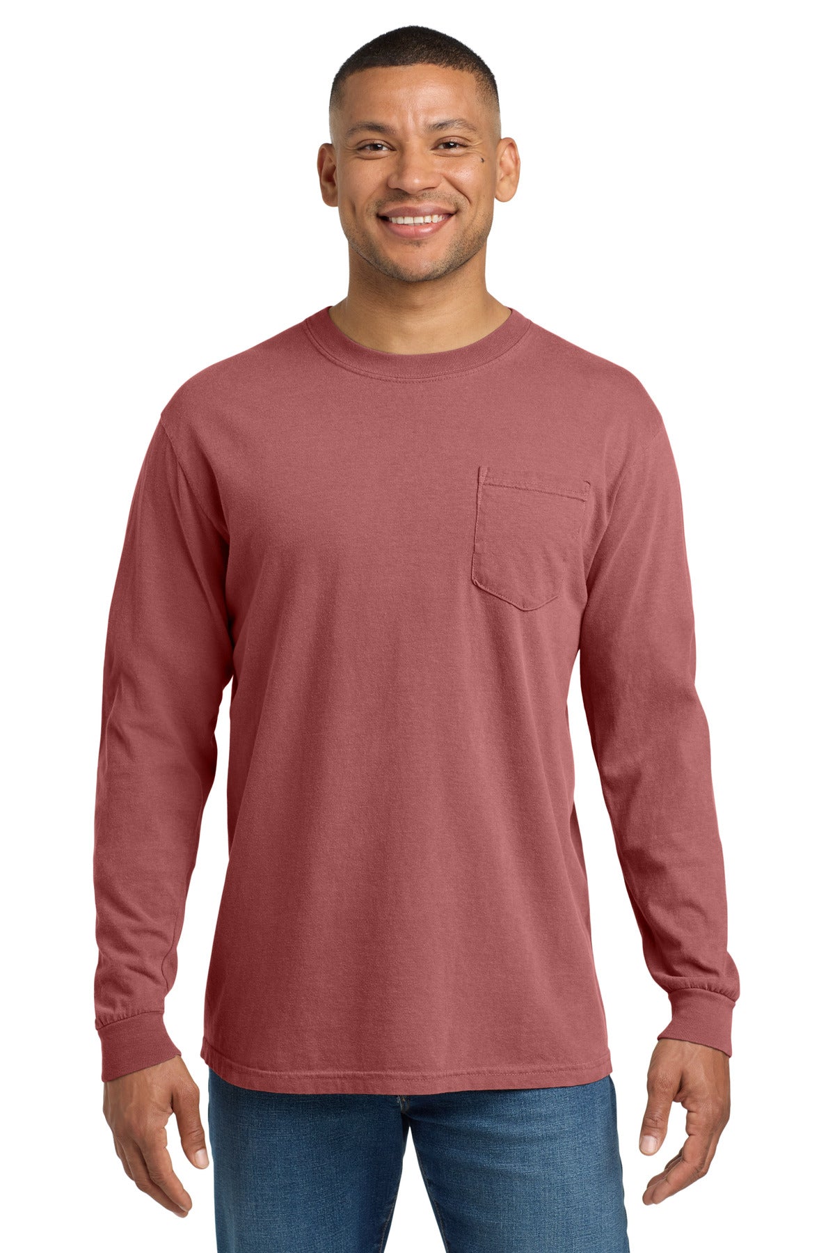 COMFORT COLORS Heavyweight Ring Spun Long Sleeve Pocket Tee - Crimson - front