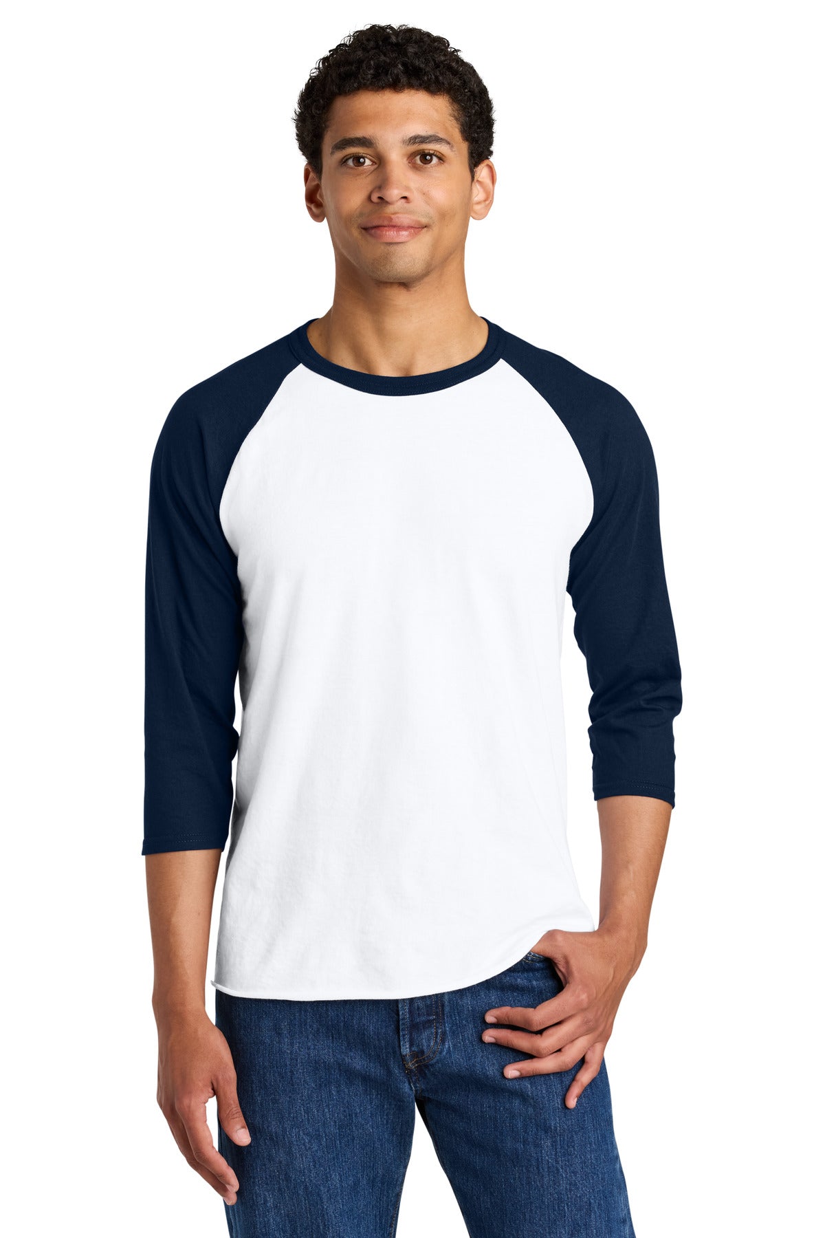 Jerzees Unisex Premium Blend Combed Ring Spun 3/4-Sleeve Raglan - White/ J. Navy - front