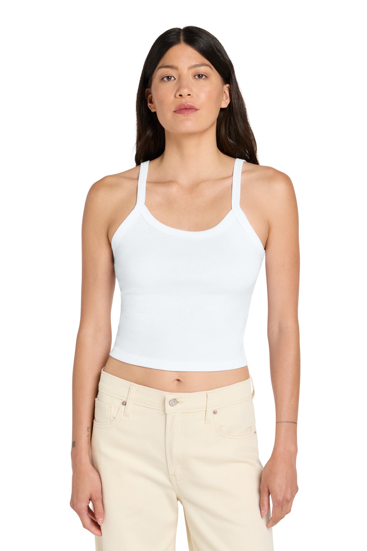 BELLA+CANVAS Women's Micro Rib Spaghetti Strap Tank - Solid White Blend - front