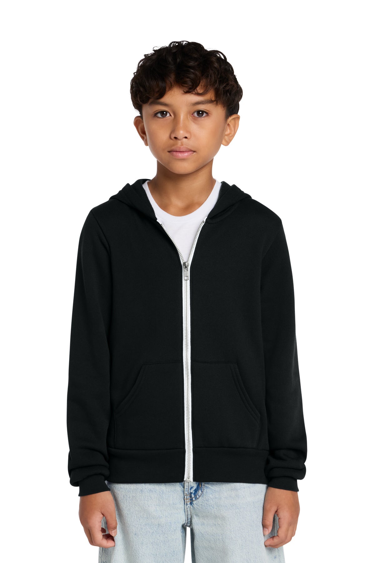 BELLA+CANVAS Youth Sponge Fleece Full-Zip Hooded Sweatshirt - Black - front