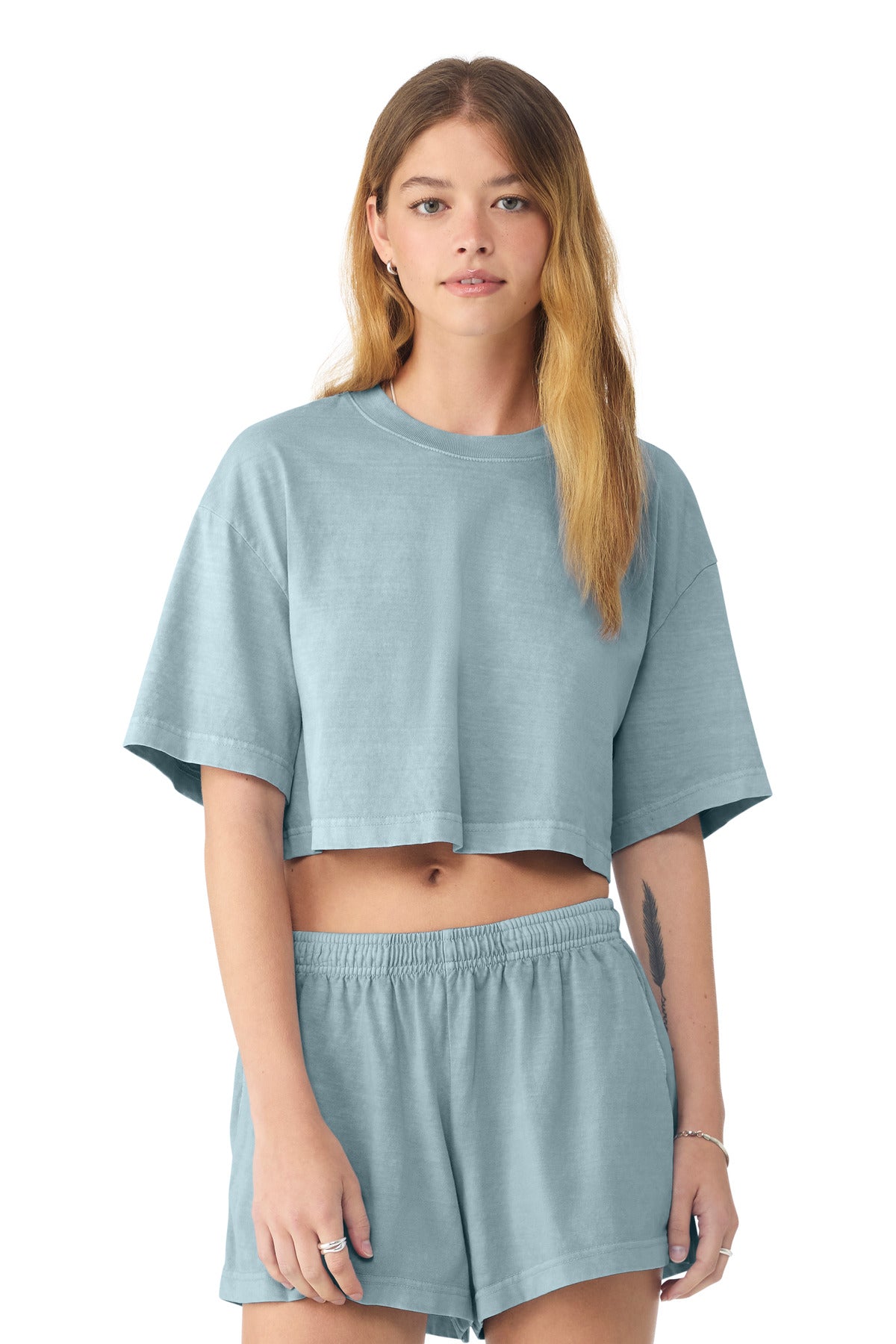BELLA+CANVAS Women's Heavyweight Garment-Dyed Cropped Tee - Light Washed Denim - front